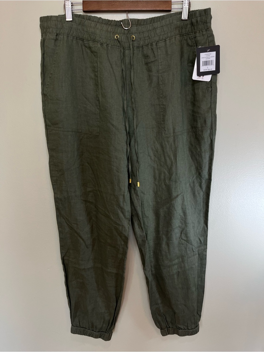 Ellen Tracy Olive Green Linen Joggers L Cozy Casual Lagenlook Minimalist Coastal